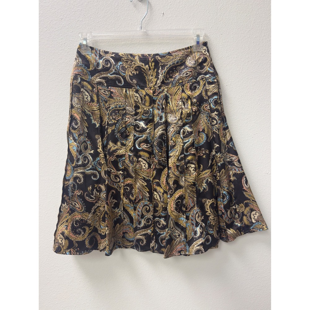 Worthington Paisley Pleated A-Line Skirt Womens 8 Brown Gold Satin Boho Chic
